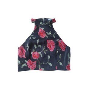 NWT‎ Charlotte Russe Size L Rose Flower Black Halter Top  embroidered Cropped